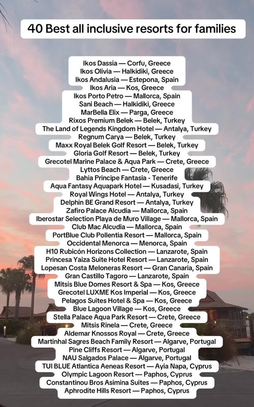 Don’t book your next family holiday until you’ve seen this 👀 40 of Europe’s best all-inclusive family resorts. Think: ✨ Huge pools ✨ Splash parks ✨ Family suites ✨ Kids entertainment ✨ Stress-free dining Basically everything you need for an easy family holiday. Save this for later ✈️ #FamilyTravel #FamilyHoliday #AllInclusiveResorts #EuropeTravel #TravelTok     